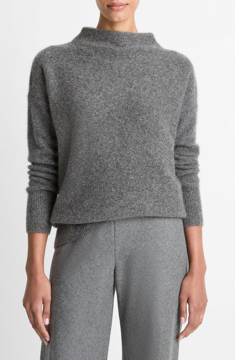 Vince Donegal Funnel Neck Cashmere Sweater, Main, color, Heather Grey Donegal
