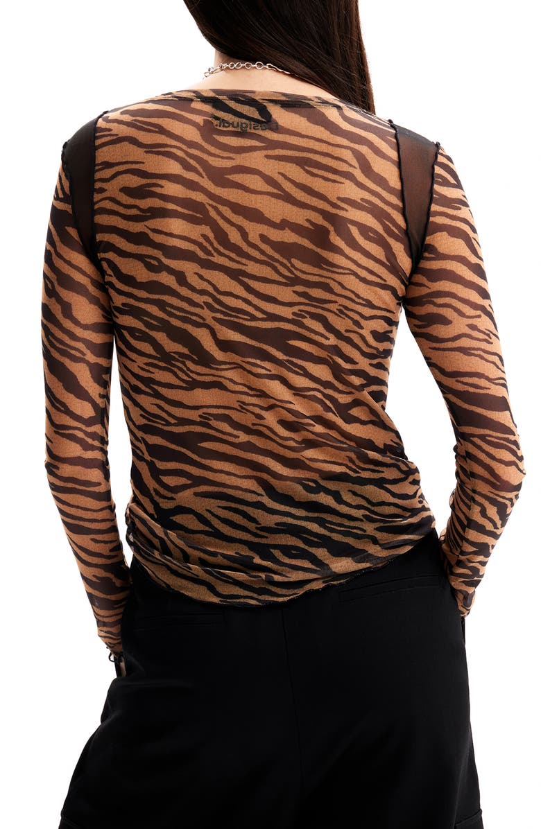 Desigual Leopa Zebra Stripe Long Sleeve Tulle Top, Alternate, color, 