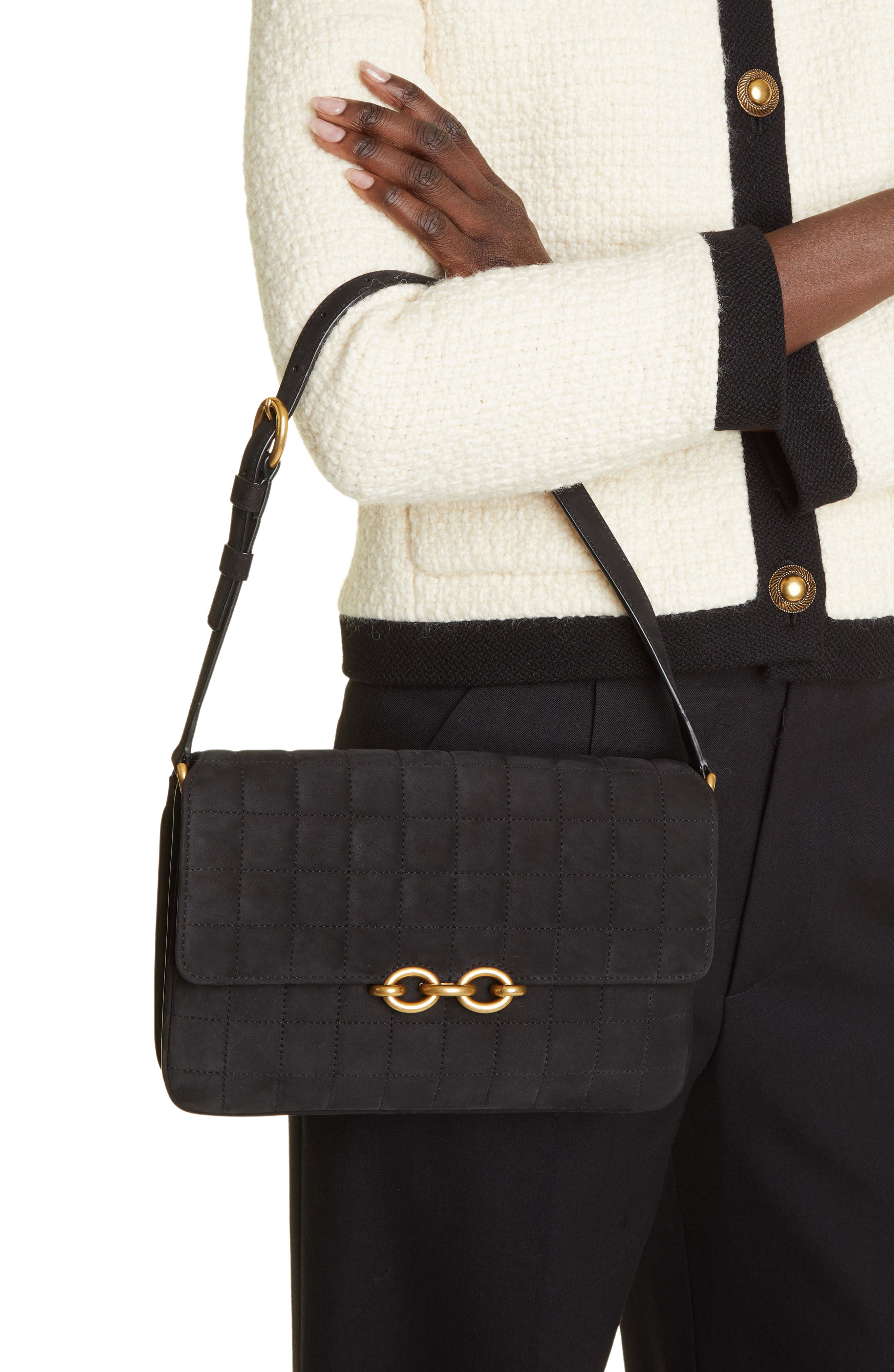 Le Maillon Quilted Nubuck Leather Shoulder Bag, Alternate, color, NOIR