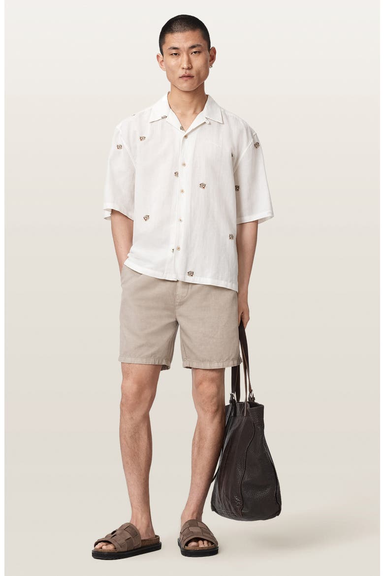 Feline Embroidered Linen & Cotton Camp Shirt, Alternate, color, ECRU