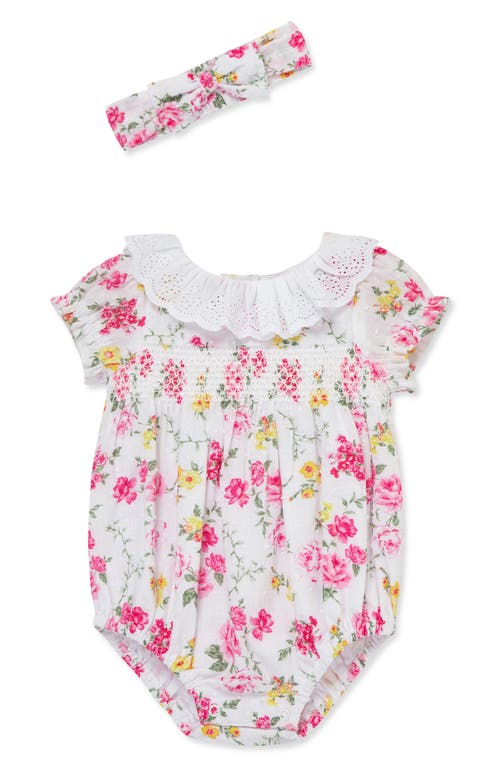 Little Me Rose Print Cotton Bubble Romper & Headband Set In Rose