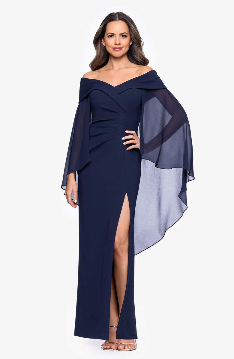 Xscape Evenings Off the Shoulder Capelet Cocktail Dress, Alternate, color, Navy