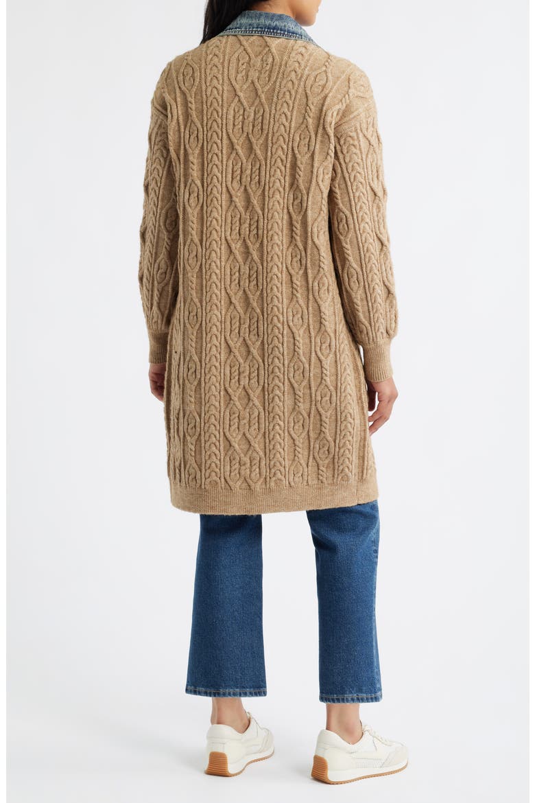 Denim Collar Cable Long Cardigan, Alternate, color, BROWN