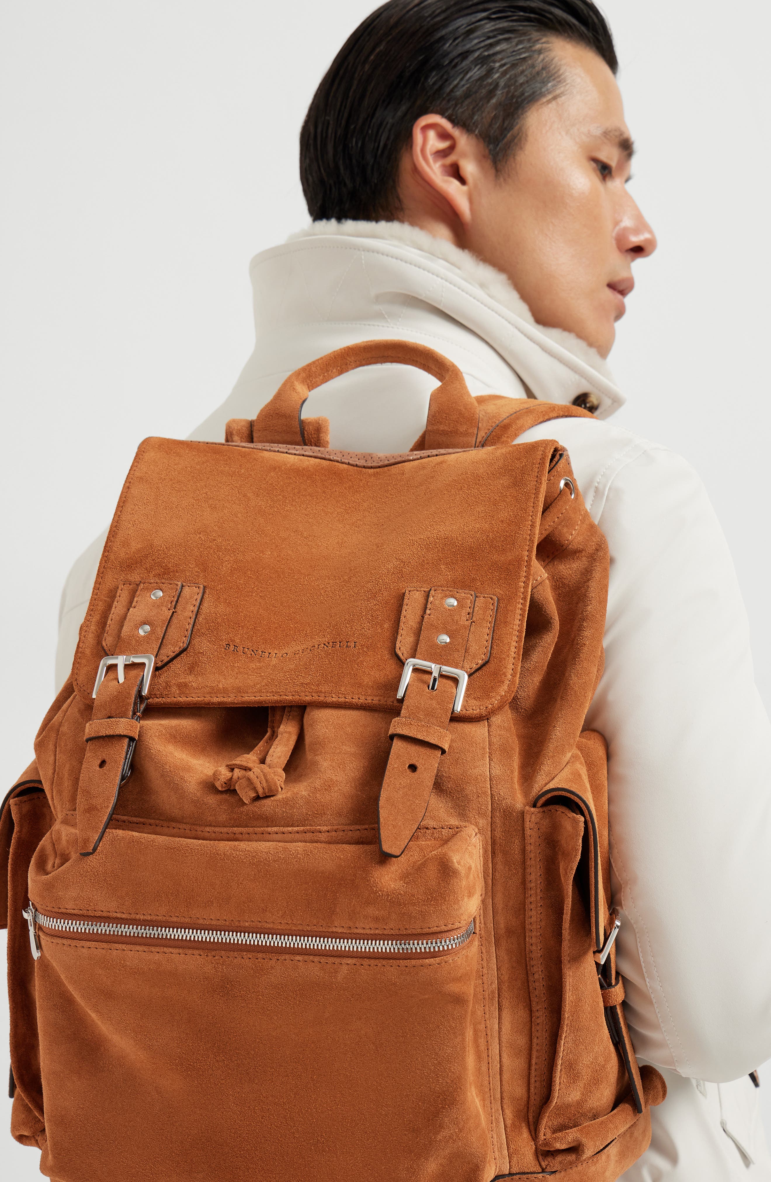 Brunello Cucinelli Suede city backpack, Alternate, color, Cognac