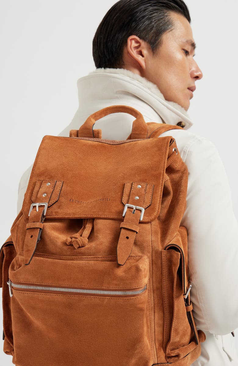 Brunello Cucinelli Suede city backpack, Alternate, color, Cognac