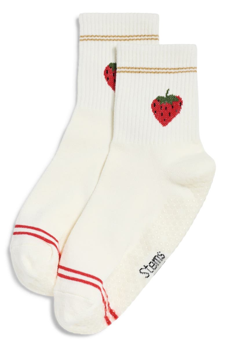 Stems Strawberry Metallic Stripe Grippy Crew Socks, Alternate, color, Gold