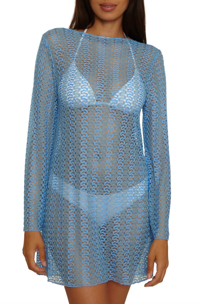 Becca Metallic Long Sleeve Sheer Cover-Up Dress, Alternate, color, Sky Blue
