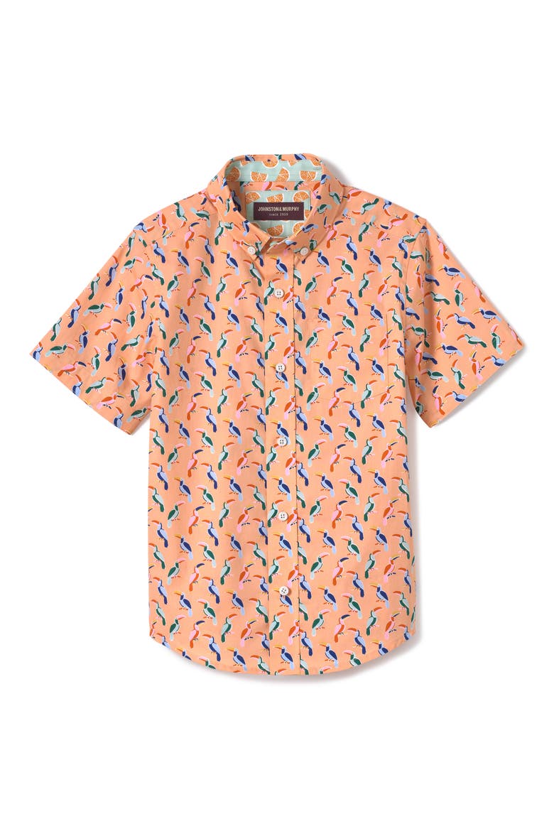 Kids' Toucan Print Short Sleeve Cotton Button-Down Shirt, Main, color, MELON
