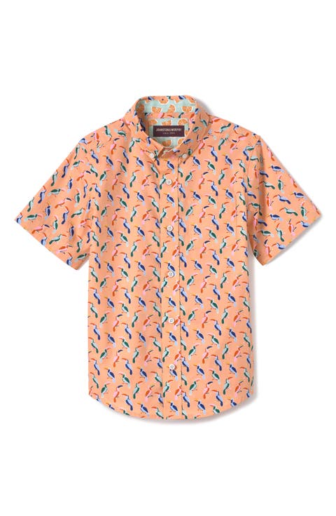 Kids' Toucan Print Short Sleeve Cotton Button-Down Shirt (Little Kid & Big Kid)