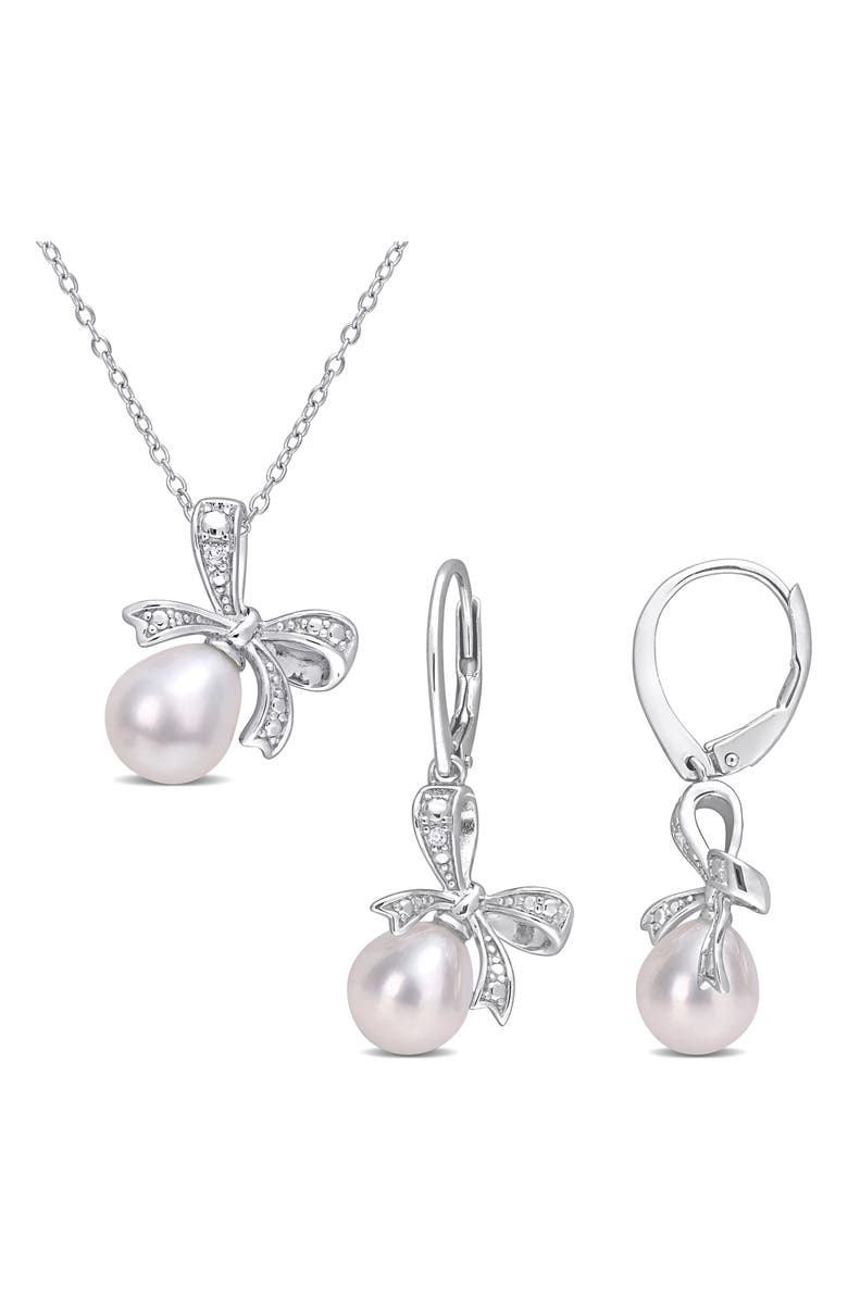 DELMAR Sterling Silver 7.5–9mm Cultured Freshwater Pearl & Moissanite Bow Drop Earrings & Necklace Set, Main, color, 