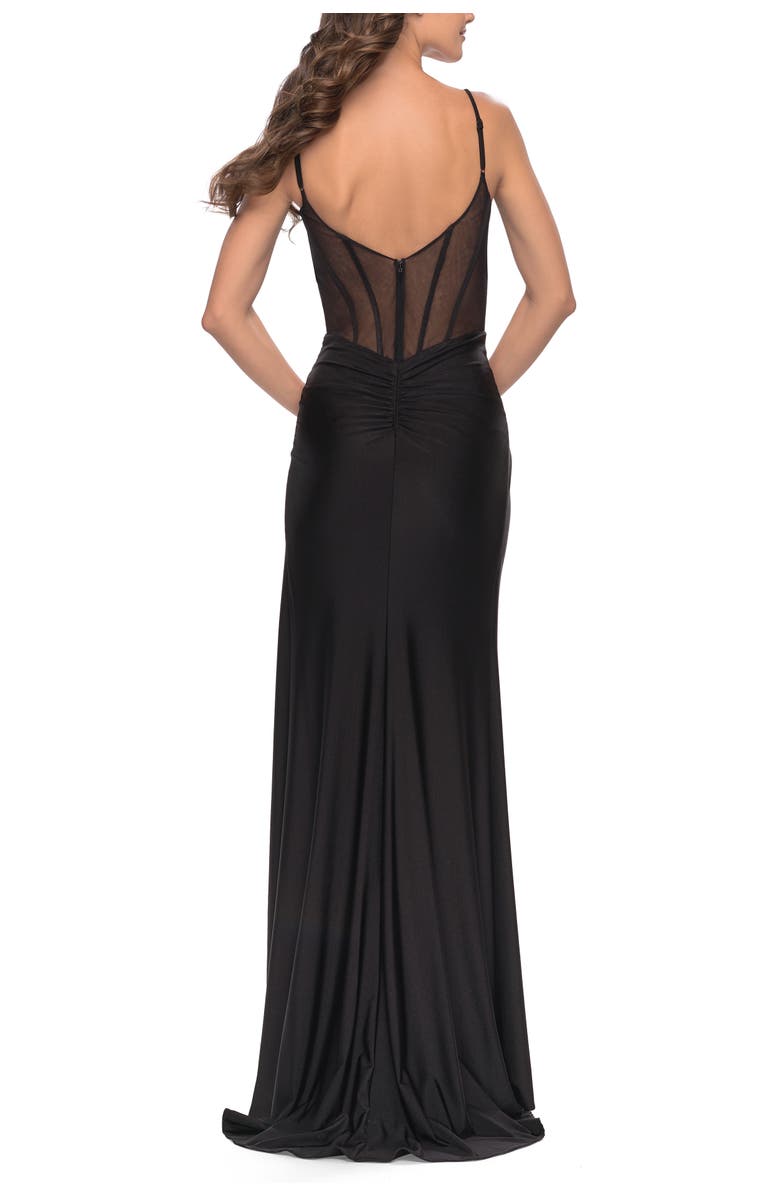 La Femme Illusion Bodice Dress with Boning and Twist Detail, Alternate, color, Black