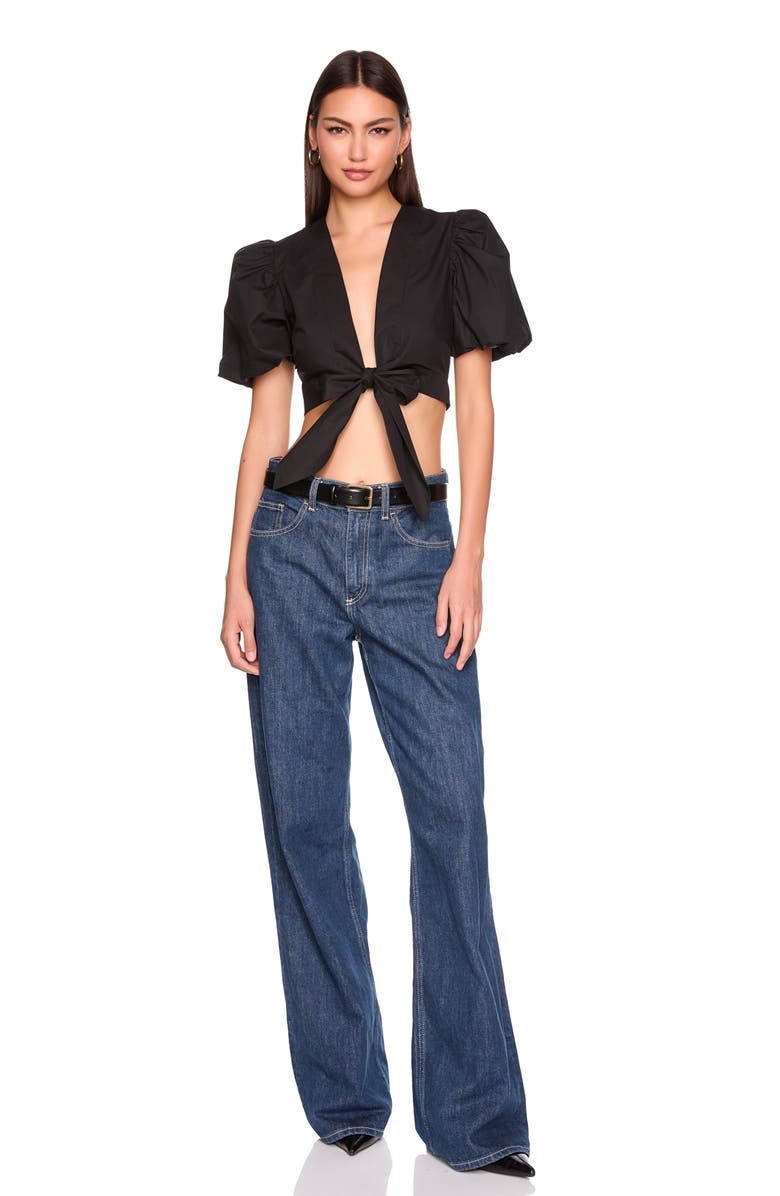 Susana Monaco Bubble Sleeve Tie Front Cotton Poplin Top, Alternate, color, 