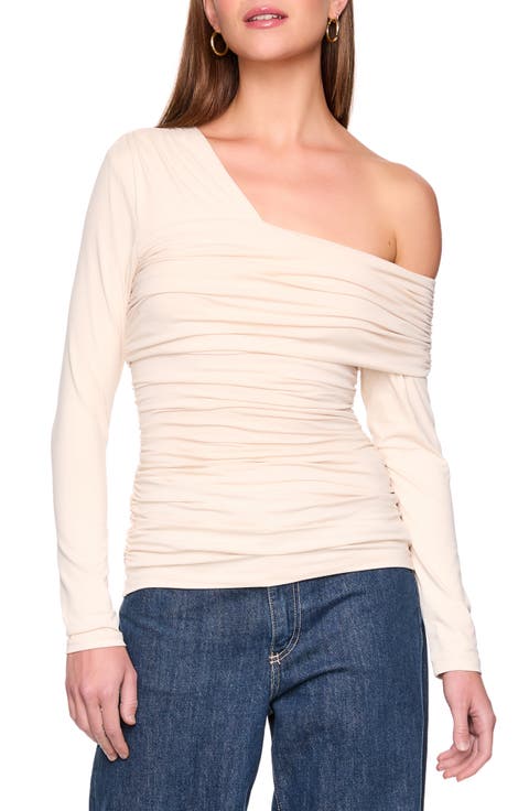Asymmetric Off the Shoulder Ruched Long Sleeve Top