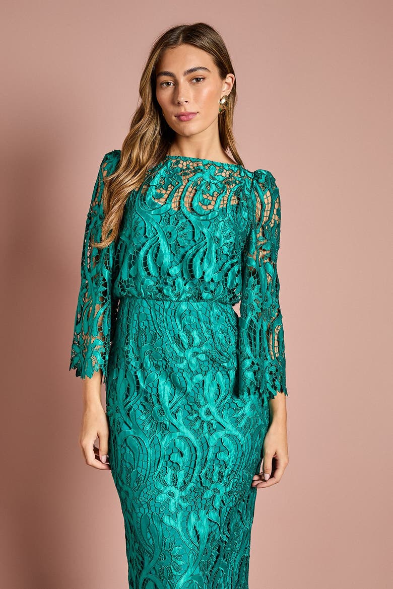 Satin Lace Boat Neck Midi Dress, Alternate, color, Emerald