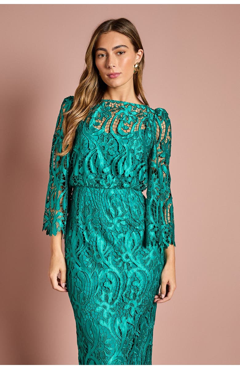 Coast Satin Lace Boat Neck Midi Dress, Alternate, color, Emerald