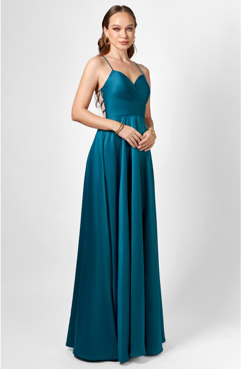Bariano Hanna Open Back A-Line Gown, Alternate, color, Emerald
