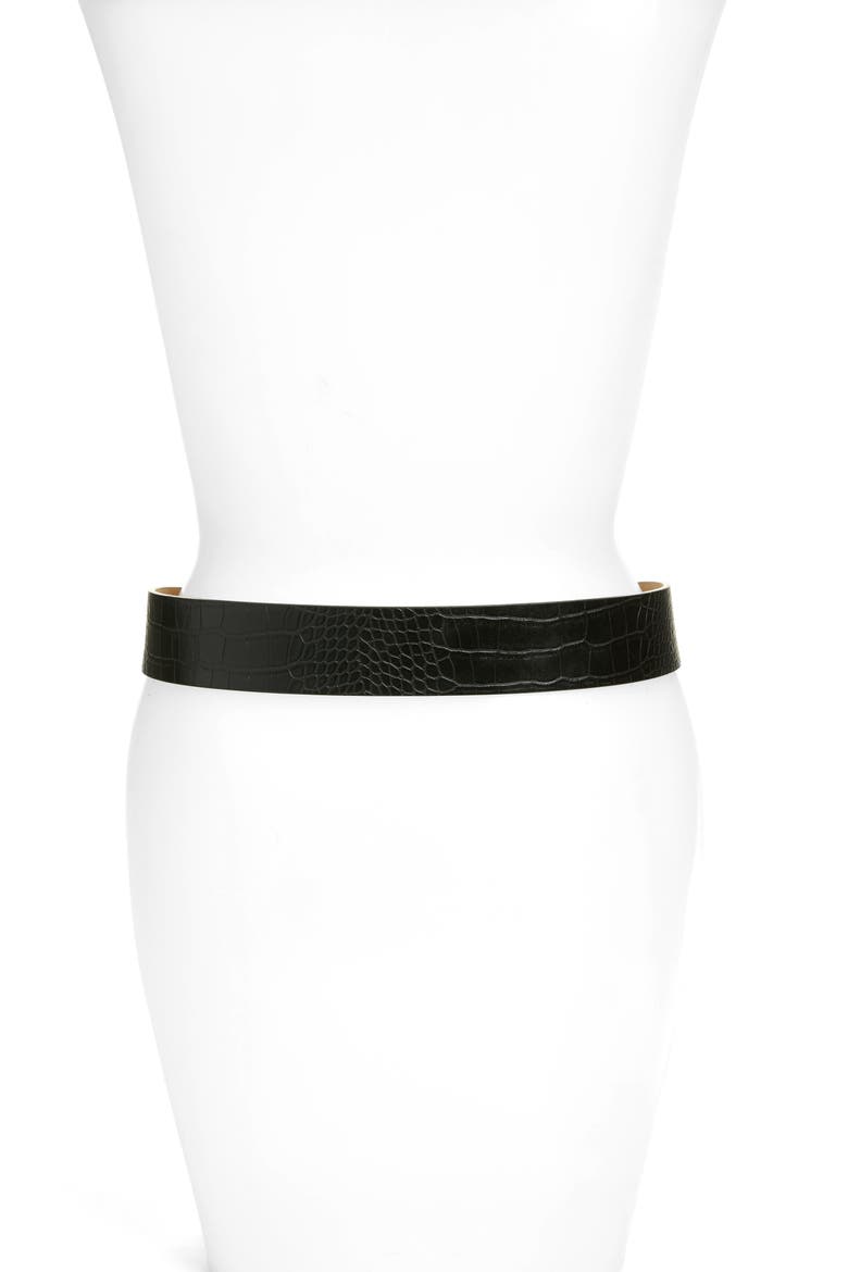 Circle Buckle Croc Embossed Belt, Alternate, color, BLACK