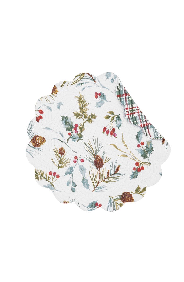 C&F Home Edith Round Quilted Reversible Holly Botanical Placemats Set of 6, 17", Main, color, White