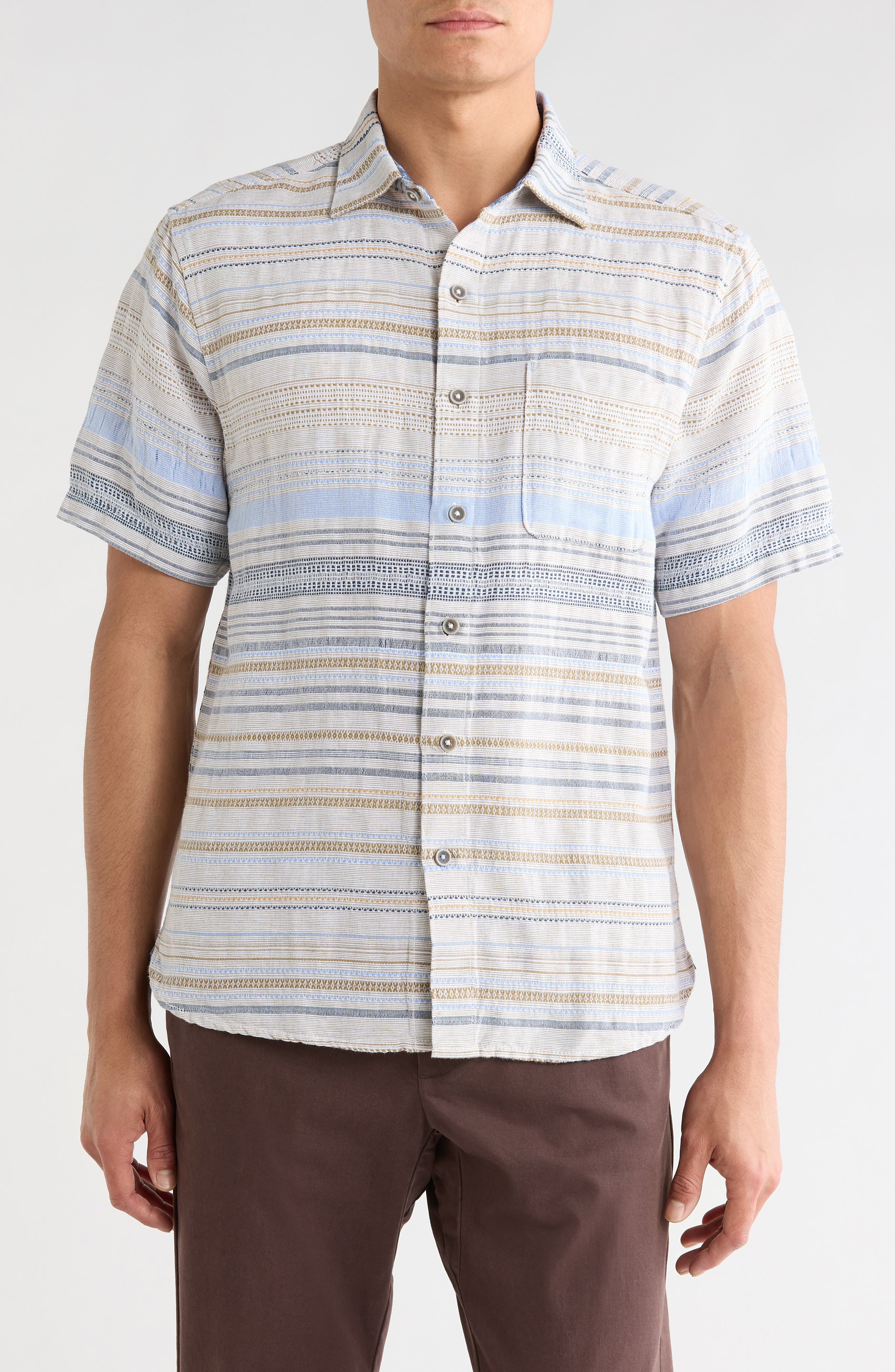 Tommy Bahama Santa Marta Stripe Short Sleeve Cotton & Linen Blend Button-Up Shirt