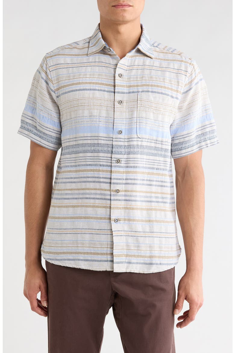 Santa Marta Stripe Short Sleeve Cotton & Linen Blend Button-Up Shirt, Main, color, COCONUT