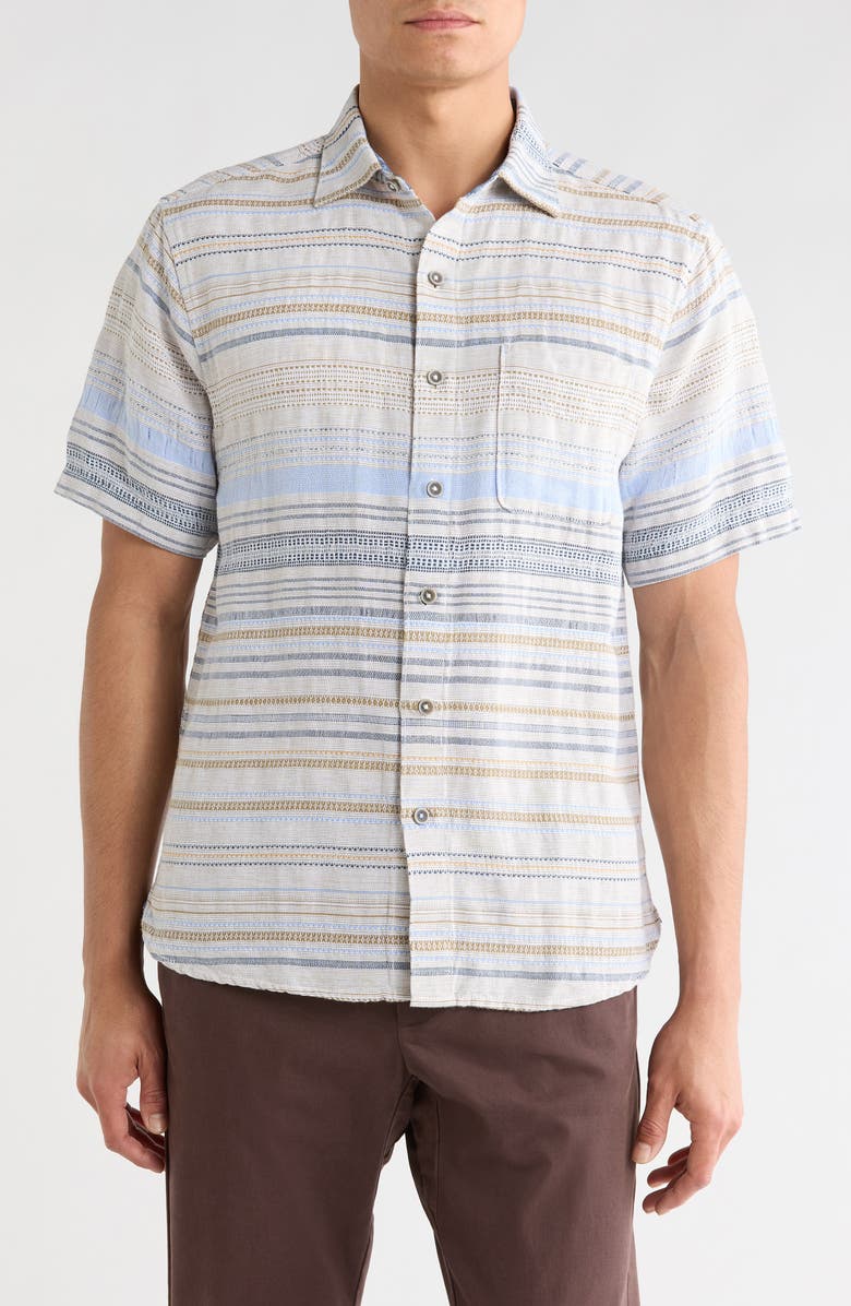 Tommy Bahama Santa Marta Stripe Short Sleeve Cotton & Linen Blend Button-Up Shirt, Main, color, Coconut