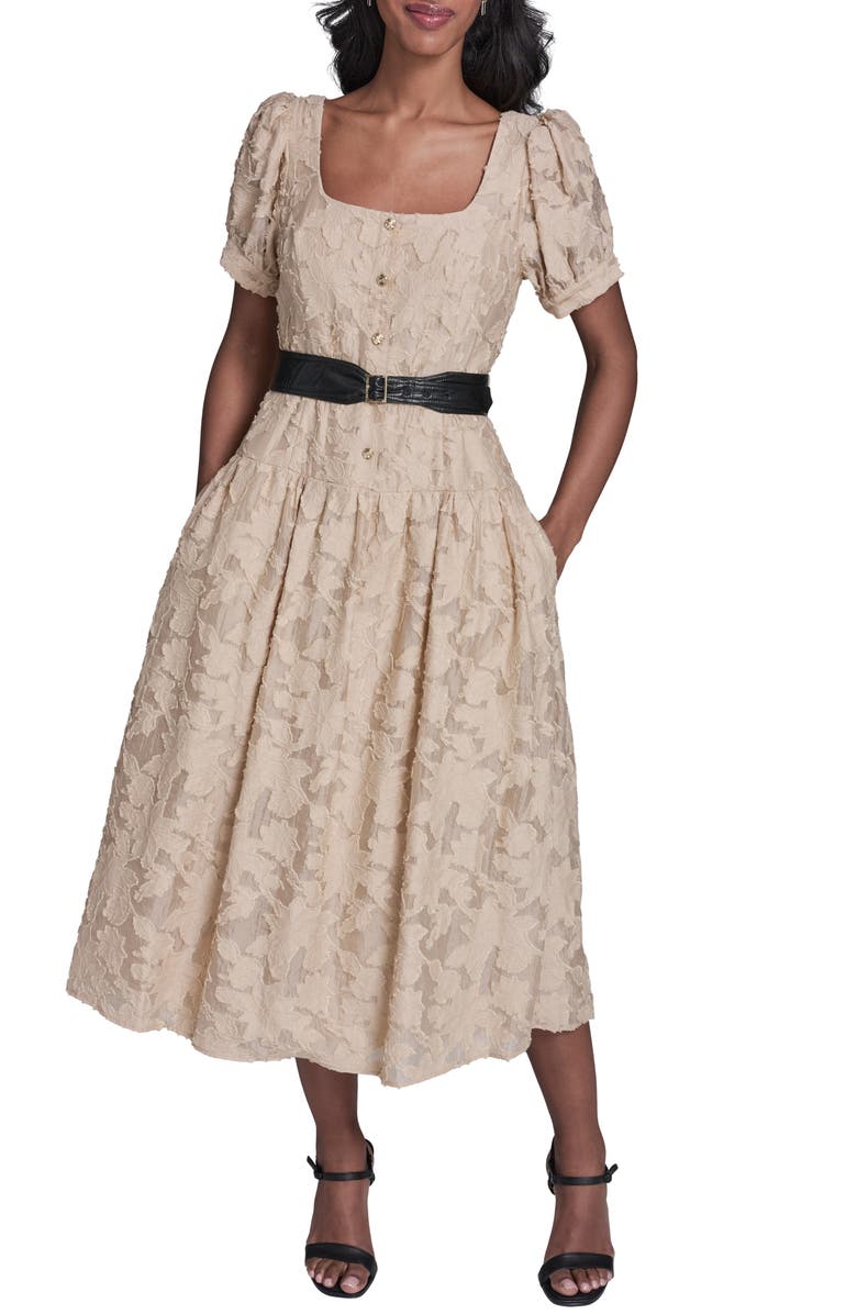 KARL LAGERFELD PARIS Belted Lace Midi Dress, Main, color, French Beige