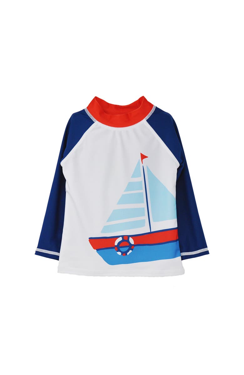 Flap Happy Sustainably Made UPF 50+ Kids' Graphic Rash Guard Swim Top, Alternate, color, Nautical Fun