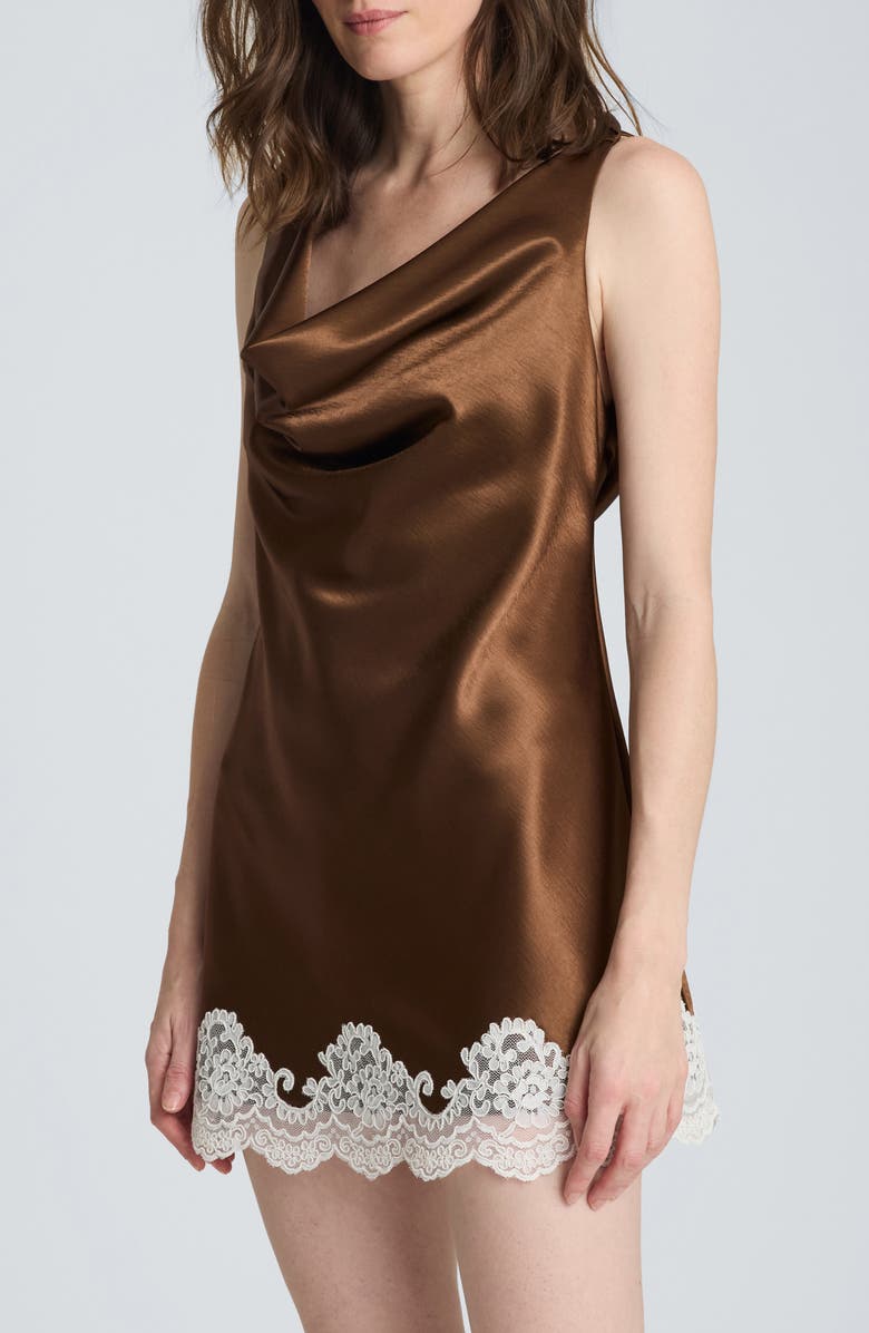 Kenneth Cole Tie Back Lace Trim Satin Minidress, Alternate, color, Brunette