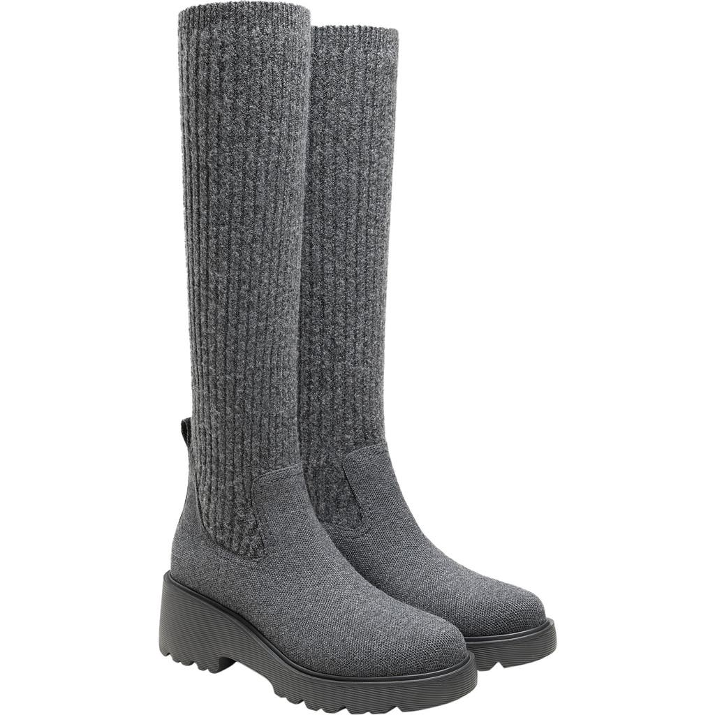 Vivaia Round-toe Knee-high Platform Chunky Wool Wedge Boots In Gray