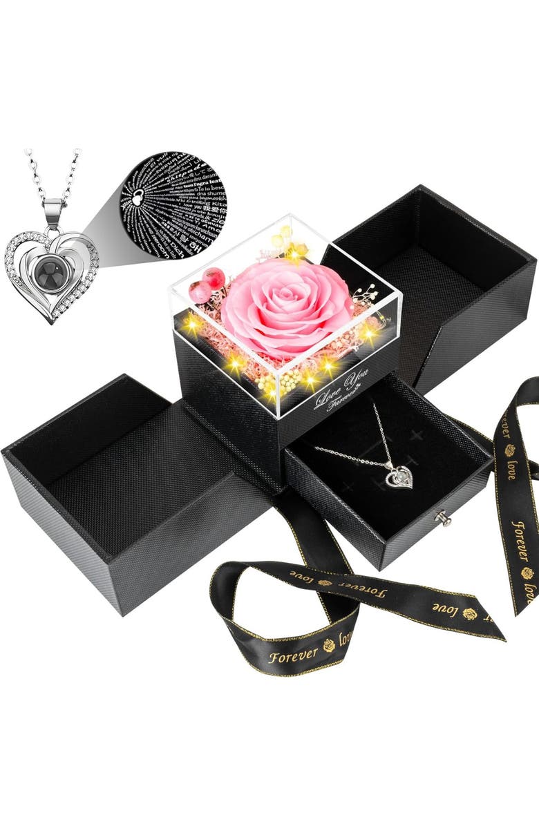 Lovery Preserved Pink Rose with Led Lights & Double Heart Necklace, "I Love You" in 100 Languages, Main, color, Black, Pink