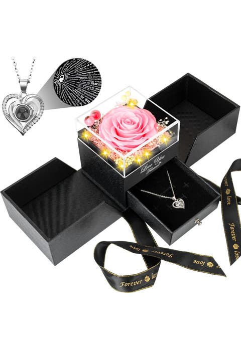 Preserved Pink Rose with Led Lights & Double Heart Necklace, "I Love You" in 100 Languages