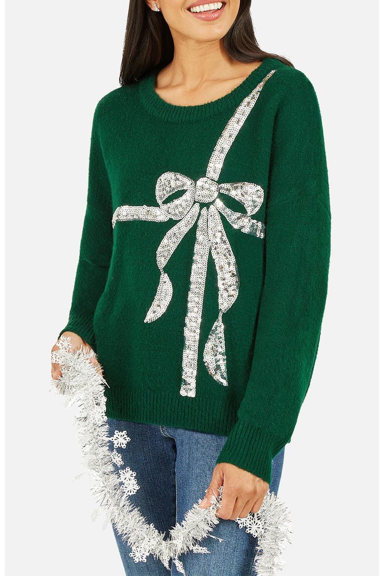 Sequin Bow Knitted Sweater, Alternate, color, Green