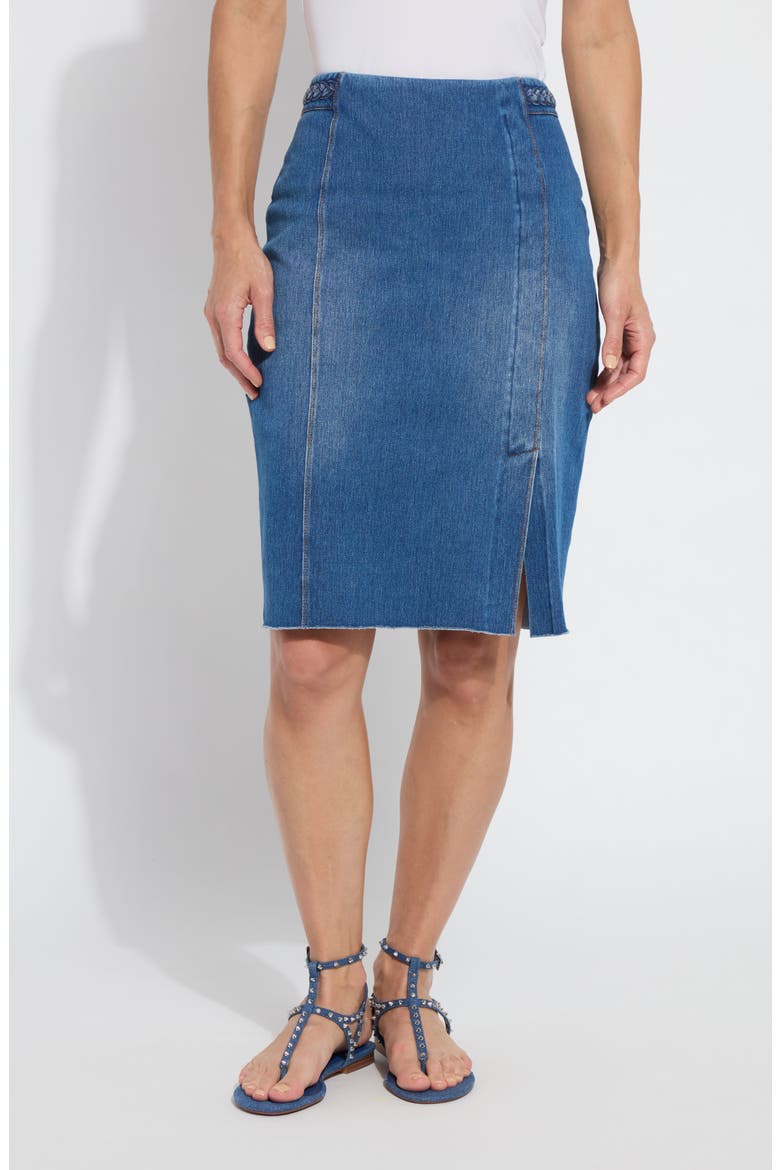 Tess Braided Denim Pencil Skirt, Main, color, MID WASH