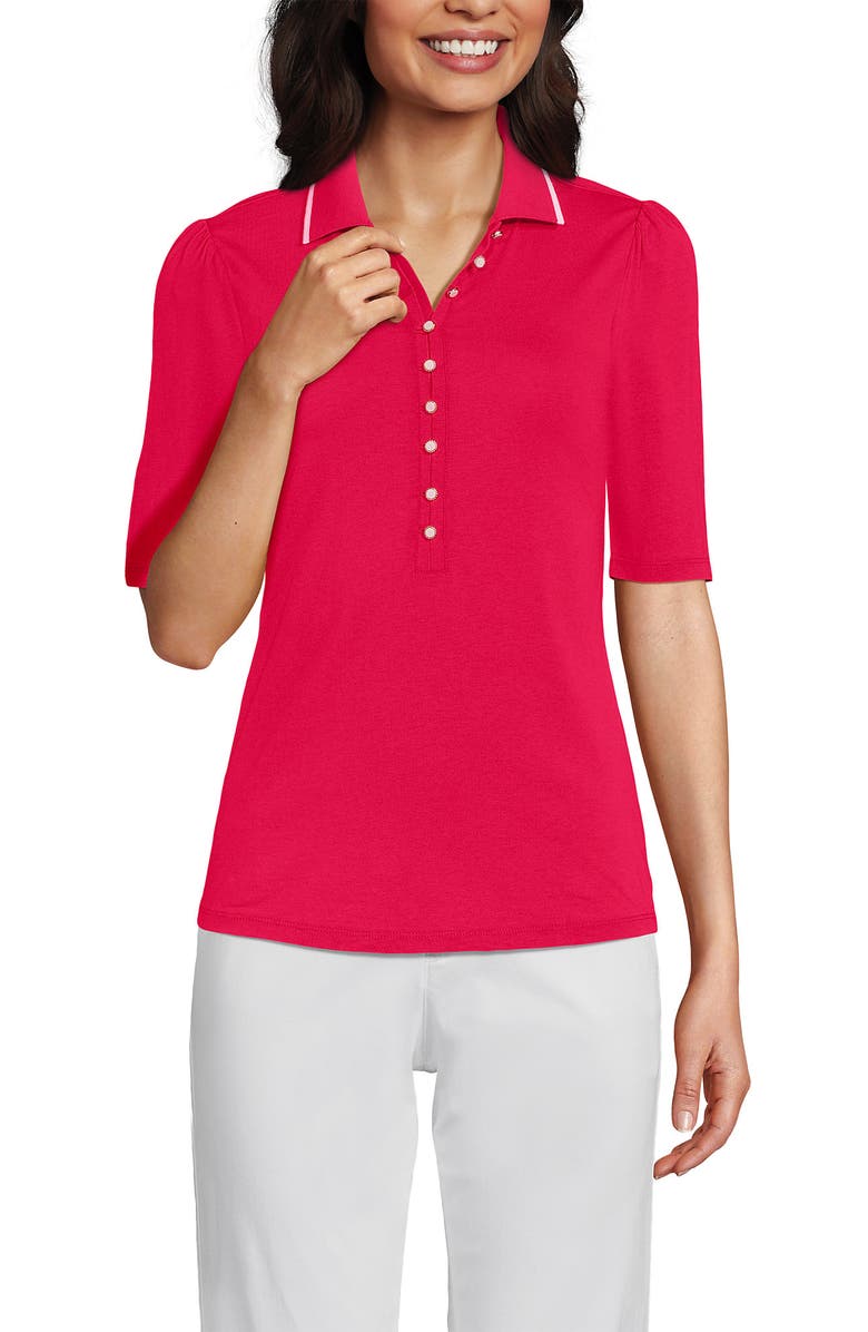 Lands' End Elbow Sleeve Lightweight Jersey Embellished Polo, Main, color, Berry Rouge/Ivory