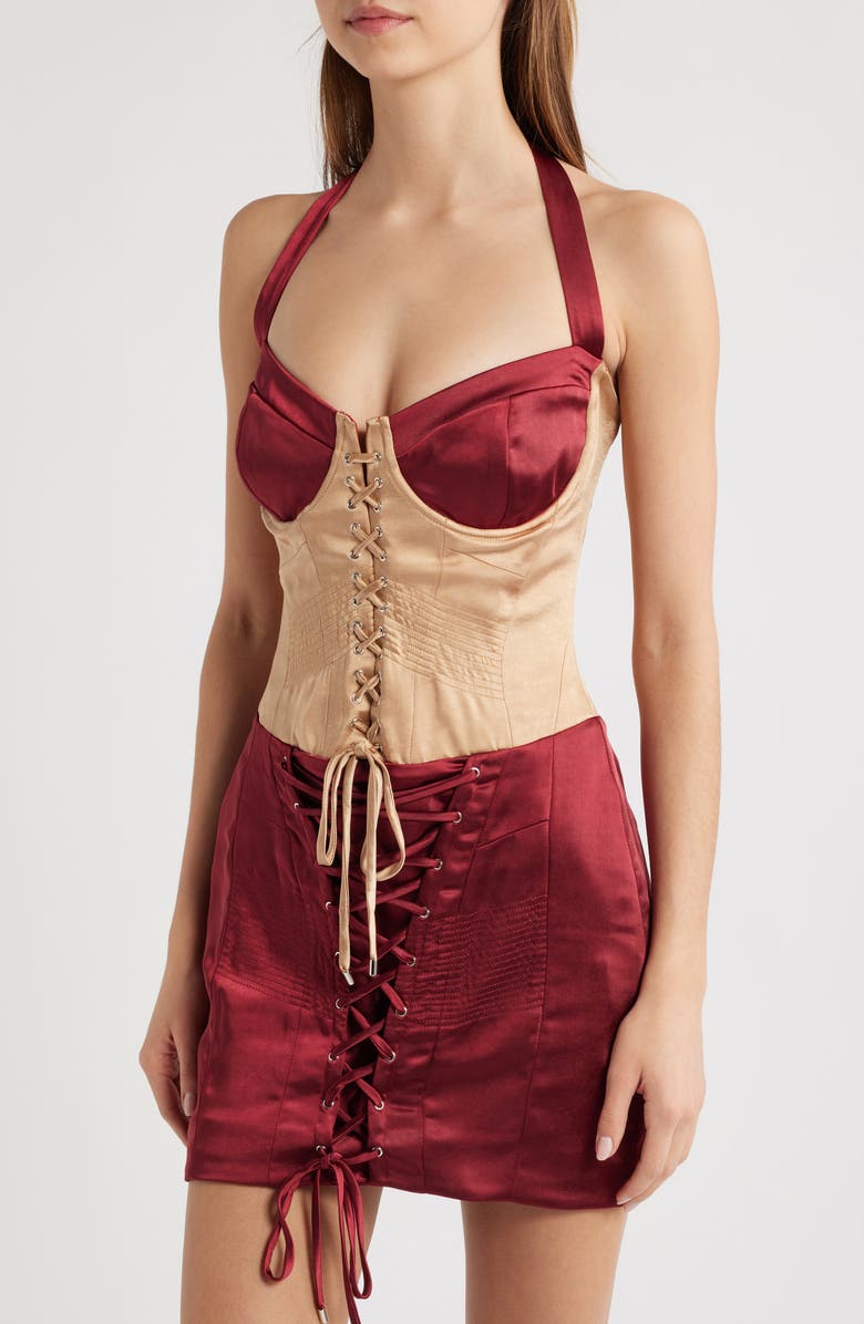 Mistress Rocks Lace Up Corset Minidress, Alternate, color, Dark Cherry Biscuit