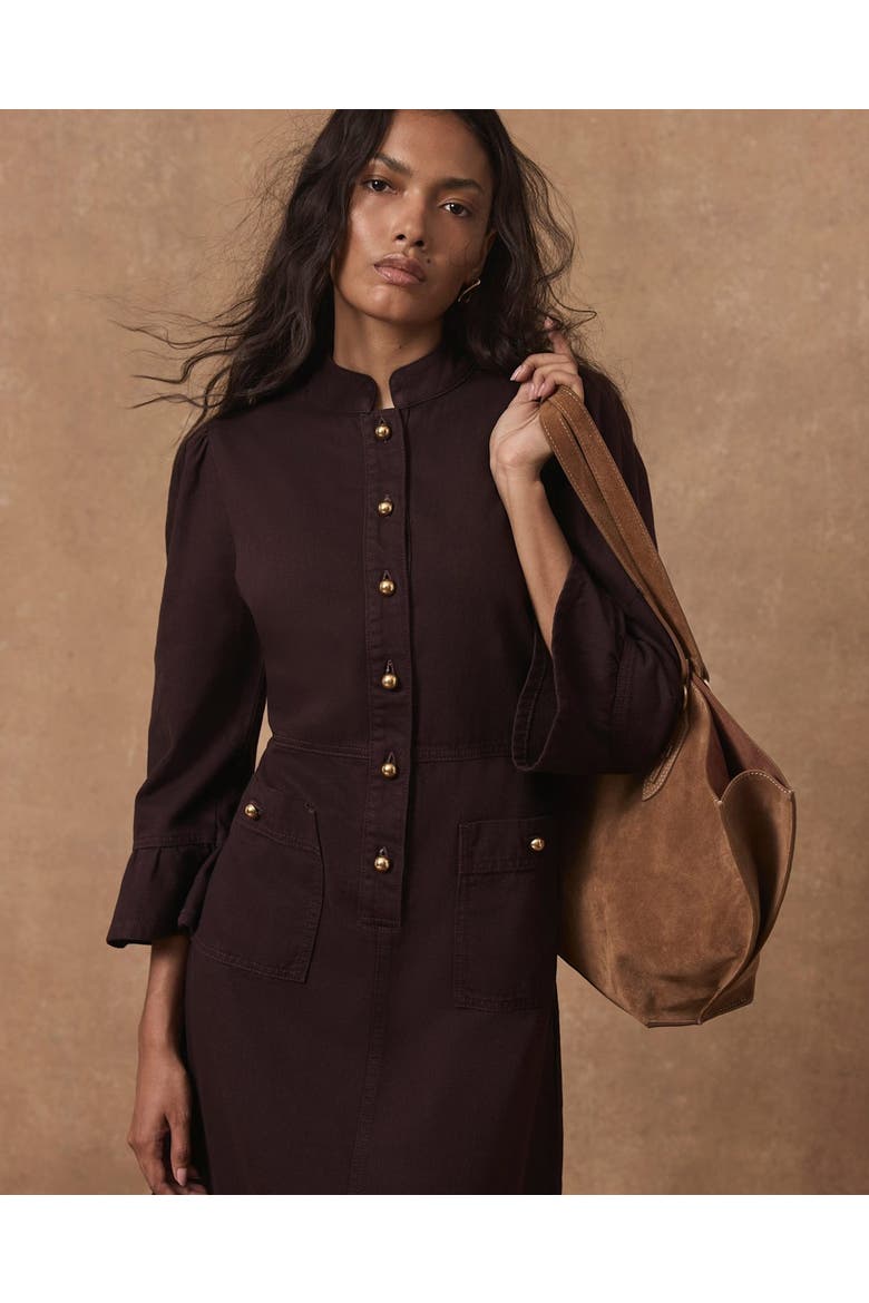 Denim Puff Shoulder Midi Shirt Dress, Alternate, color, Burgundy