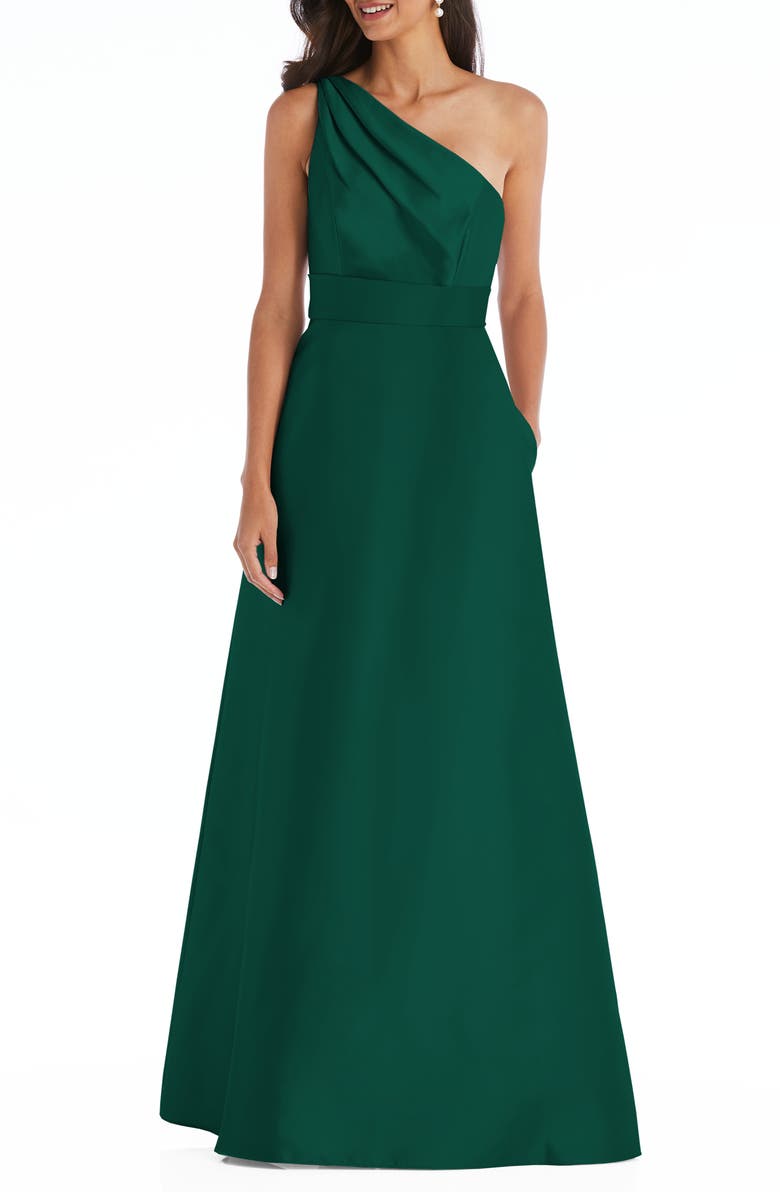 Alfred Sung One-Shoulder A-Line Gown, Main, color, Hunter