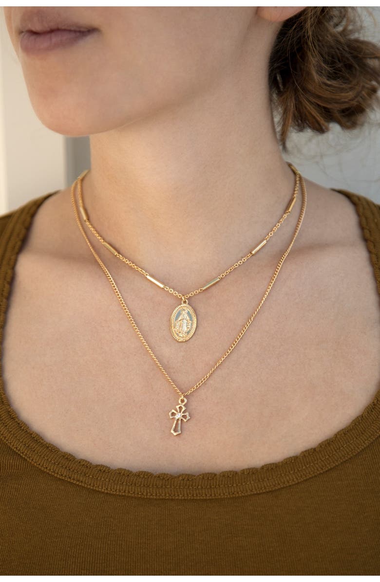 Ettika 18K Gold Plated Mary & Cross Chain Necklace Set, Main, color,