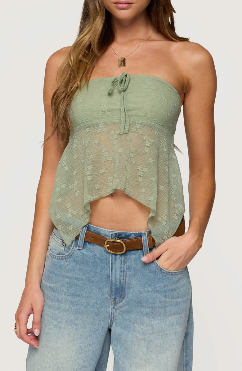 EDIKTED Embroidered Sheer Strapless Top, Main, color, Sage