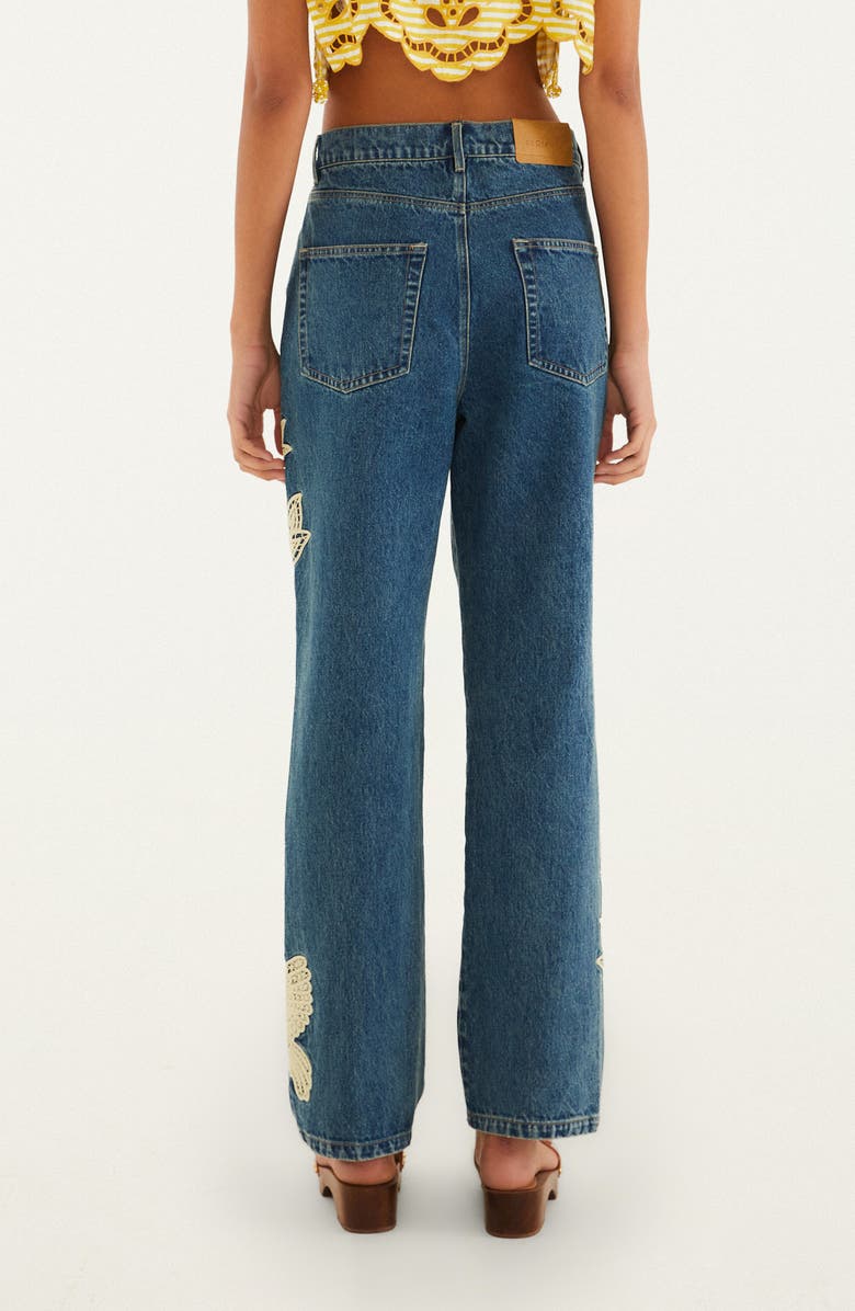 FARM Rio Birds Lace Appliqué Jeans, Alternate, color, Denim
