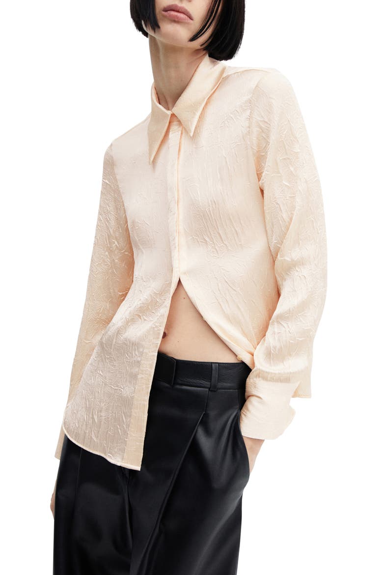 Arru Creased Satin Button-Up Shirt, Main, color, LIGHT BEIGE