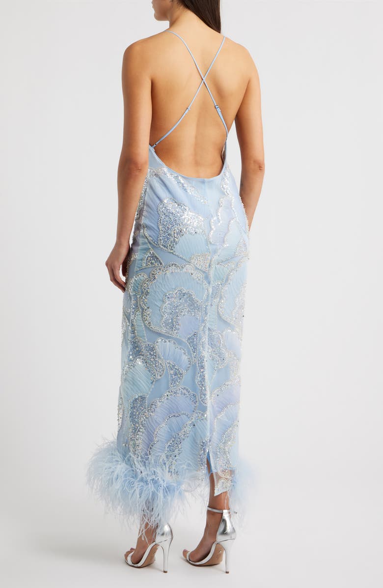 Delfi Collective Shani Sequin Ostrich Feather Hem Gown, Alternate, color, Baby Blue