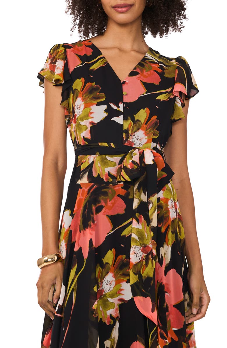 Vince Camuto Floral Print Flutter Sleeve Asymmetric Midi Dress, Alternate, color, 
