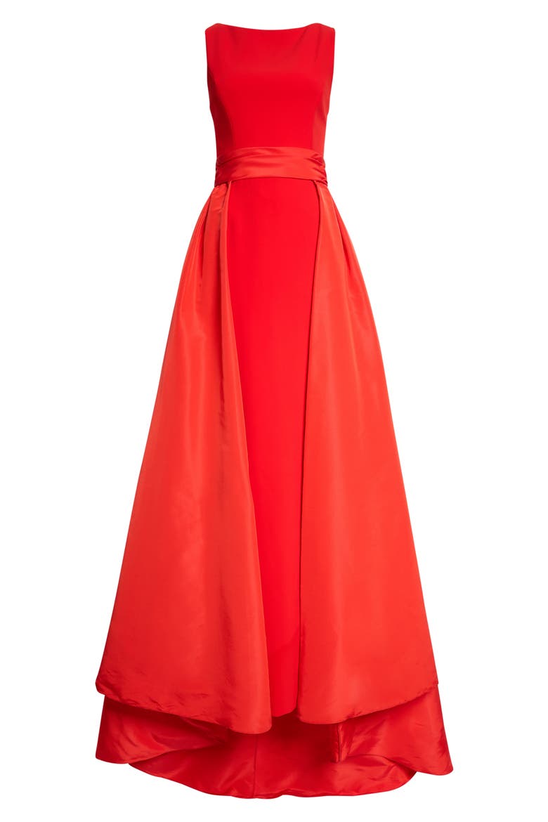 Silk Faille Boatneck Column Gown with Overskirt, Alternate, color, CHILI RED