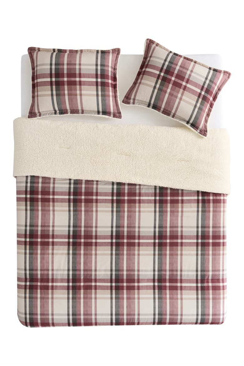 Plaid Flannel & Faux Shearling 3-Piece Comforter & Shams Set, Main, color, RED