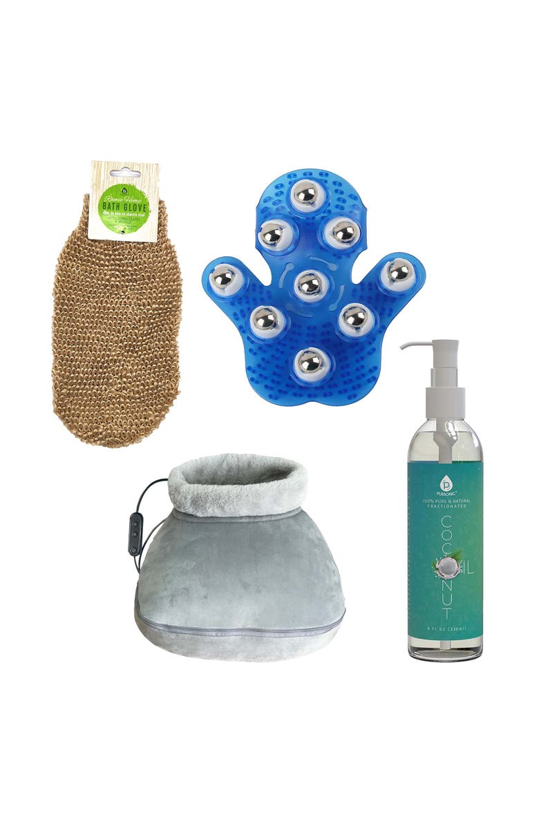 PURSONIC Weekend Wellness Bundle Palm Massage Glove, Heated Foot Massager, Coconut Oil & Exfoliating Bath Glove, Main, color, Multicolor