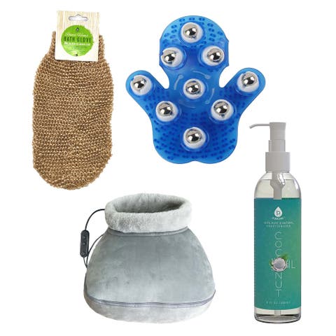 Weekend Wellness Bundle Palm Massage Glove, Heated Foot Massager, Coconut Oil & Exfoliating Bath Glove