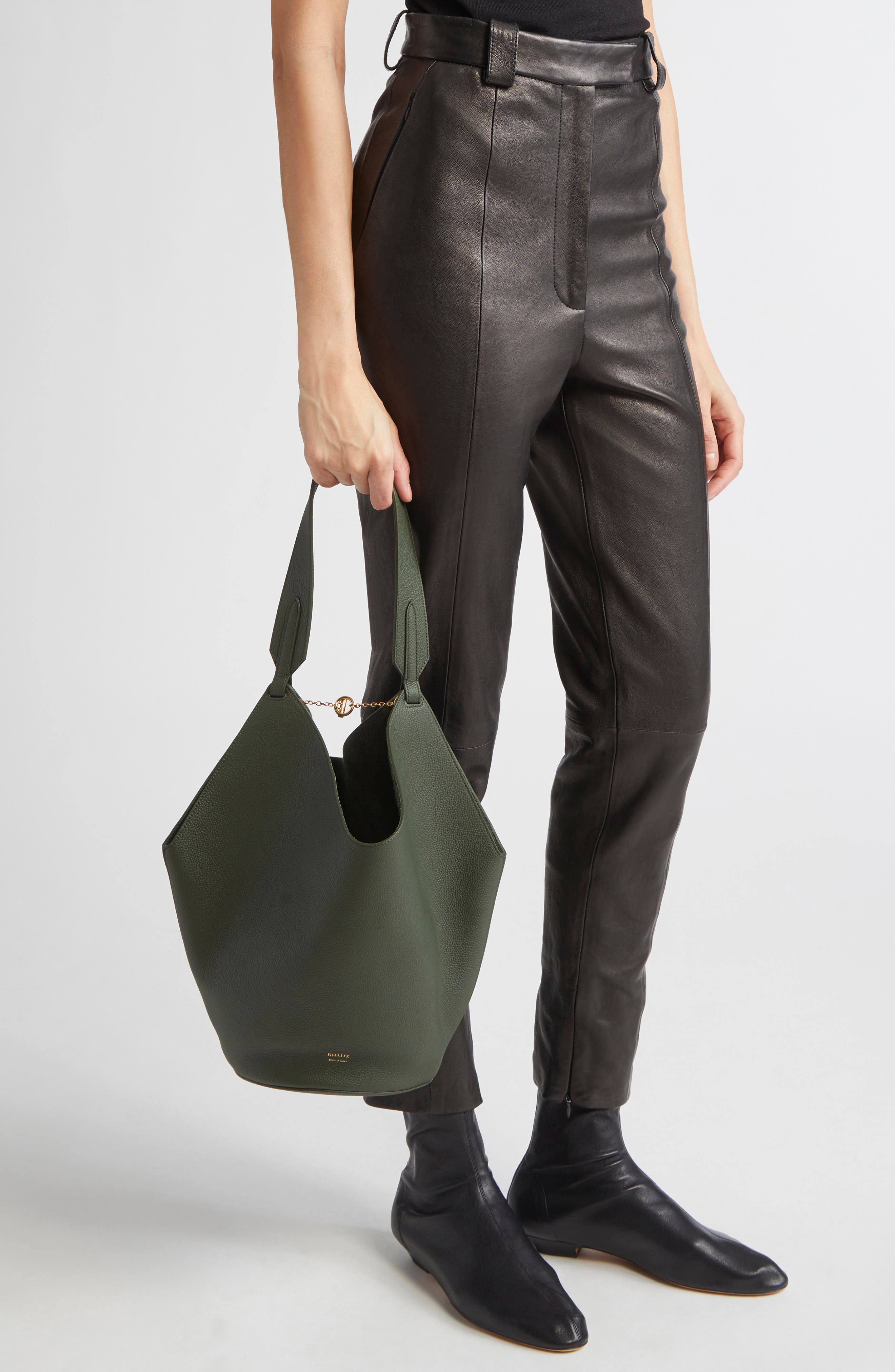 Small Lotus Leather Top Handle Bag, Alternate, color, BOTTLE GREEN