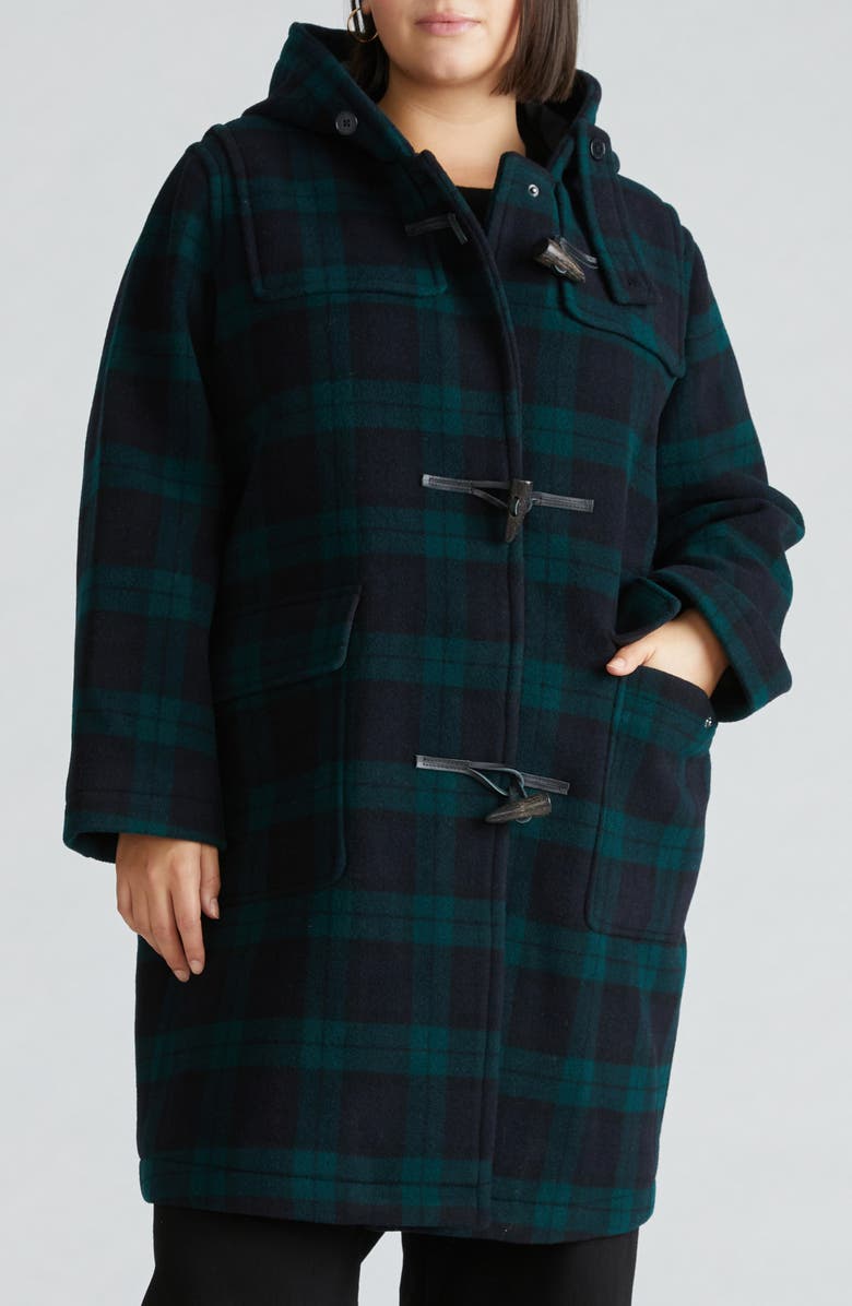 Universal Standard Highlands Duffle Coat, Main, color, Green/ Navy Plaid