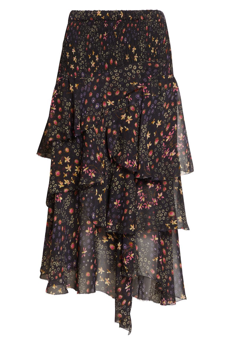 Brigitte Ruffle Smocked Midi Skirt, Alternate, color, BLACK/ ECRU